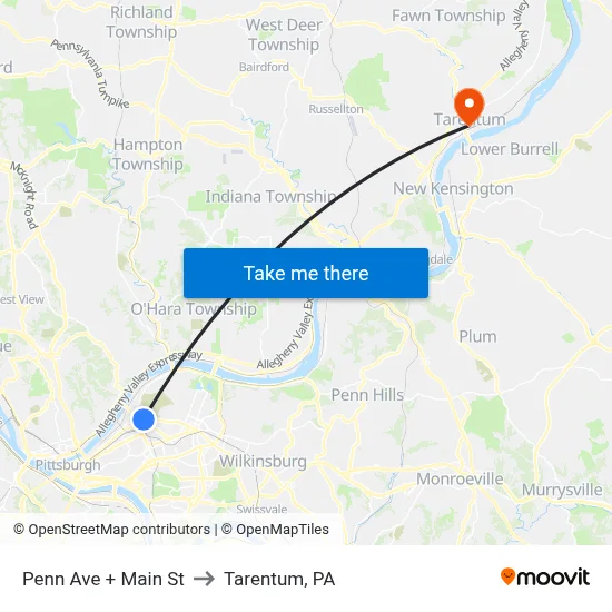 Penn Ave + Main St to Tarentum, PA map