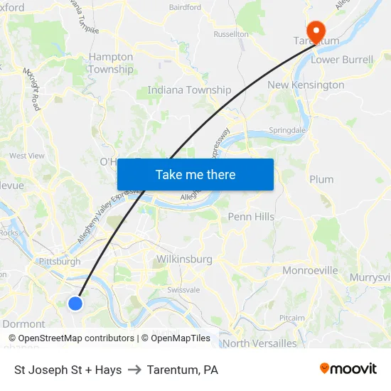 St Joseph St + Hays to Tarentum, PA map