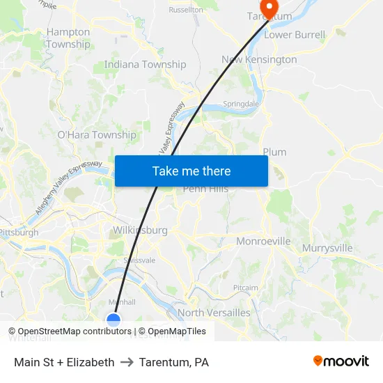 Main St + Elizabeth to Tarentum, PA map