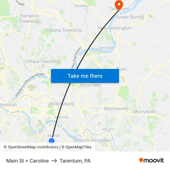 Main St + Caroline to Tarentum, PA map
