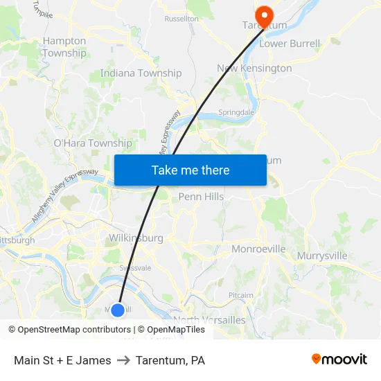 Main St + E James to Tarentum, PA map