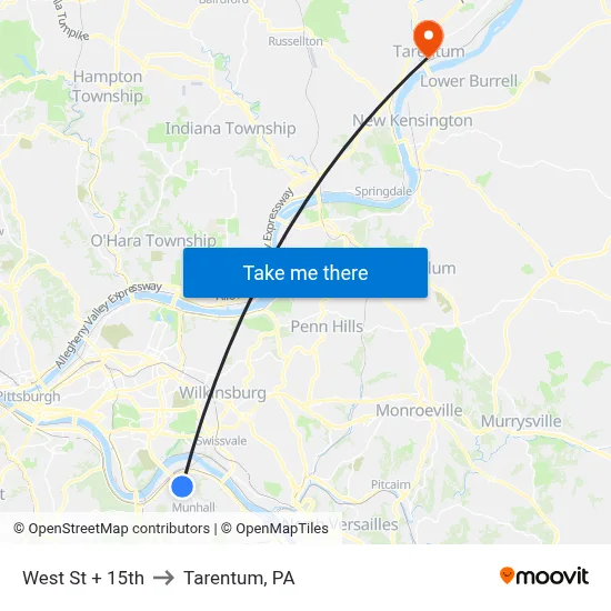 West St + 15th to Tarentum, PA map