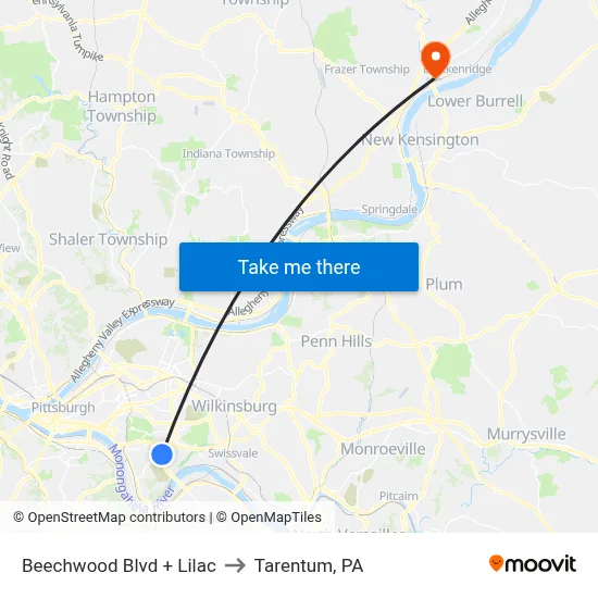 Beechwood Blvd + Lilac to Tarentum, PA map