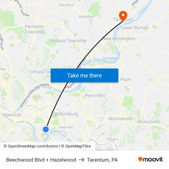 Beechwood Blvd + Hazelwood to Tarentum, PA map