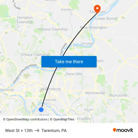 West St + 13th to Tarentum, PA map
