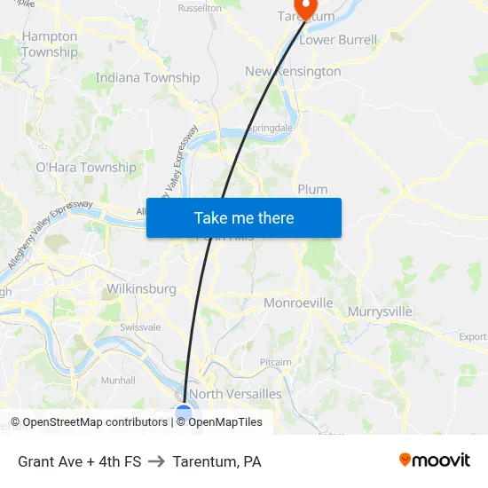 Grant Ave + 4th FS to Tarentum, PA map