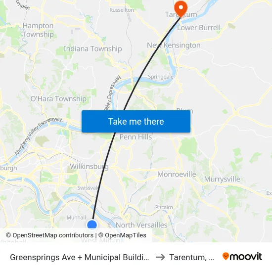 Greensprings Ave + Municipal Building to Tarentum, PA map