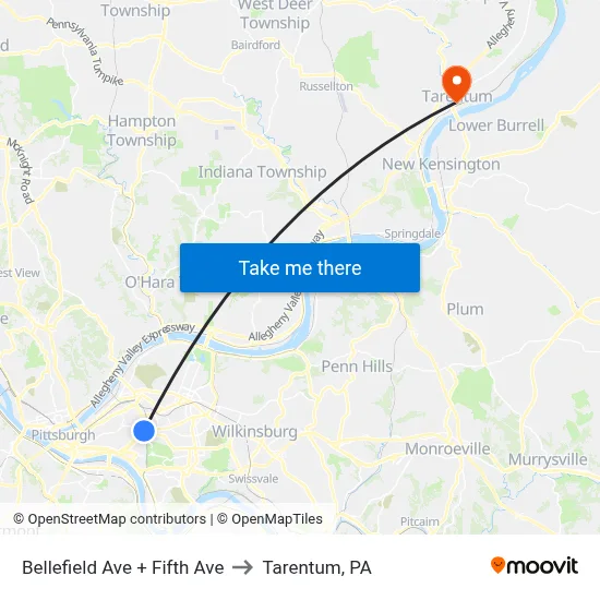 Bellefield Ave + Fifth Ave to Tarentum, PA map