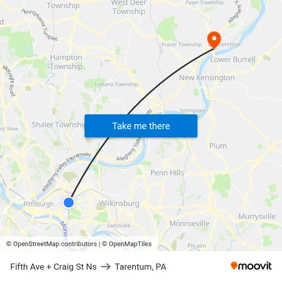 Fifth Ave + Craig St Ns to Tarentum, PA map
