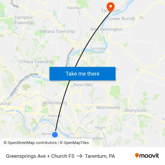 Greensprings Ave + Church FS to Tarentum, PA map