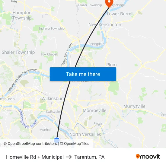 Homeville Rd + Municipal to Tarentum, PA map