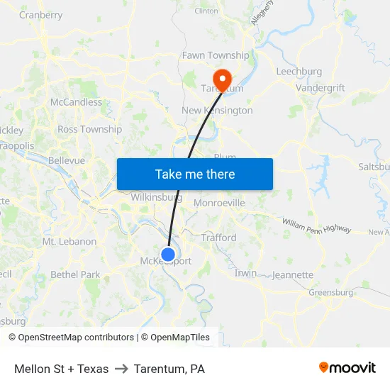 Mellon St + Texas to Tarentum, PA map