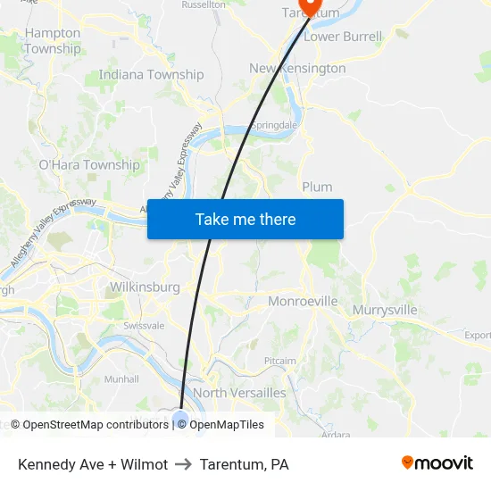 Kennedy Ave + Wilmot to Tarentum, PA map