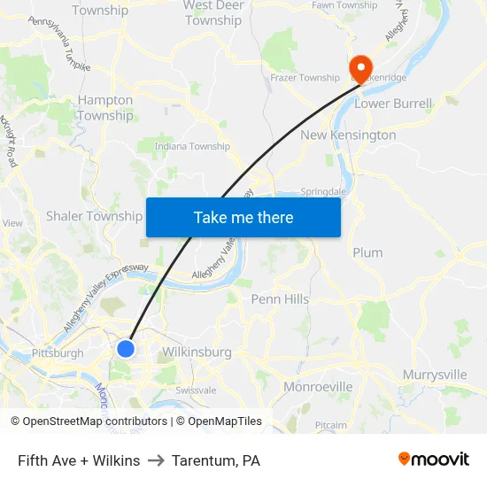Fifth Ave + Wilkins to Tarentum, PA map