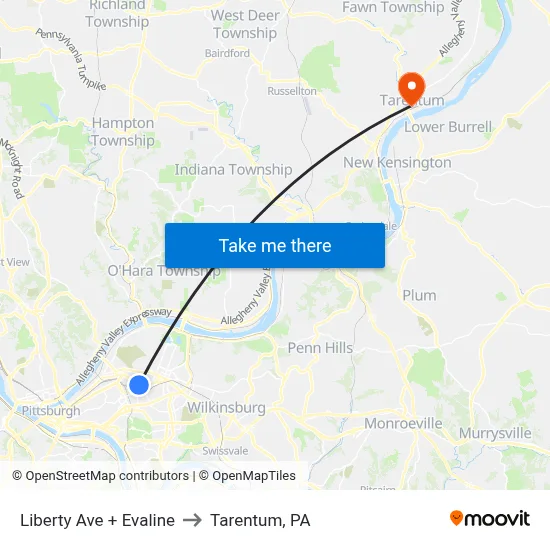 Liberty Ave + Evaline to Tarentum, PA map