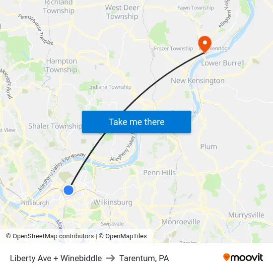 Liberty Ave + Winebiddle to Tarentum, PA map