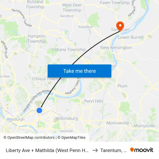 Liberty Ave + Mathilda (West Penn Hosp) to Tarentum, PA map