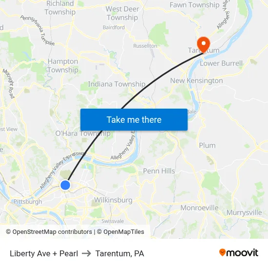 Liberty Ave + Pearl to Tarentum, PA map