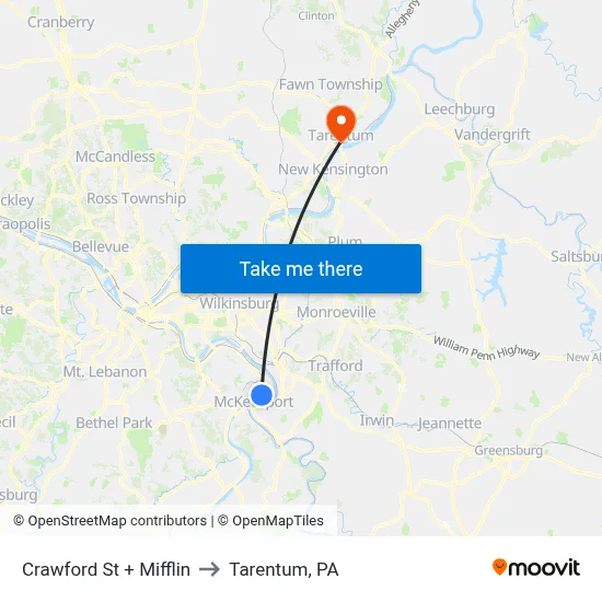 Crawford St + Mifflin to Tarentum, PA map