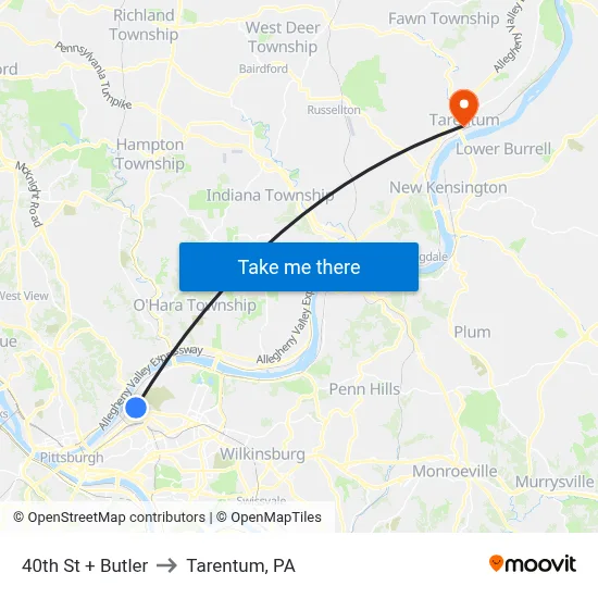 40th St + Butler to Tarentum, PA map