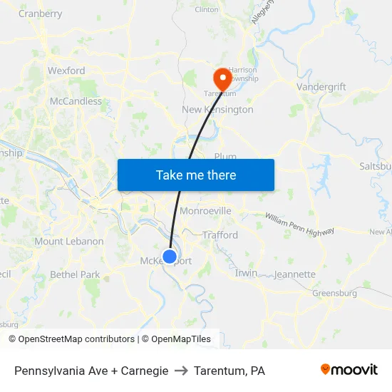 Pennsylvania Ave + Carnegie to Tarentum, PA map