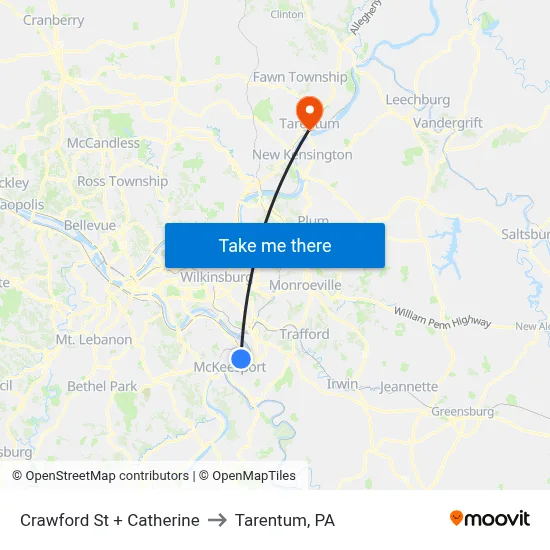 Crawford St + Catherine to Tarentum, PA map