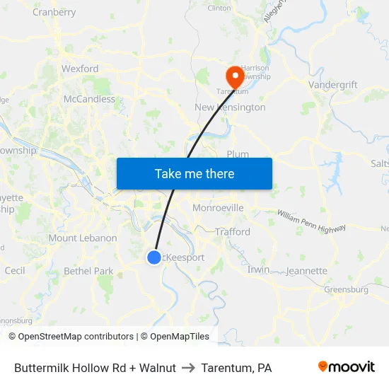 Buttermilk Hollow Rd + Walnut to Tarentum, PA map