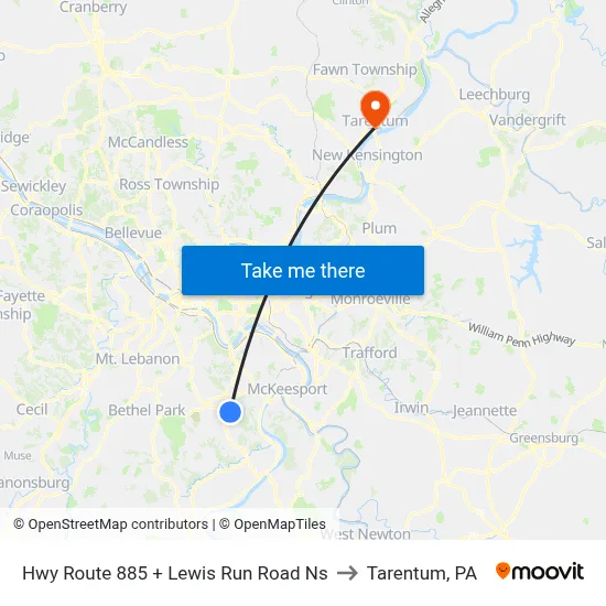 Hwy Route 885 + Lewis Run Road Ns to Tarentum, PA map