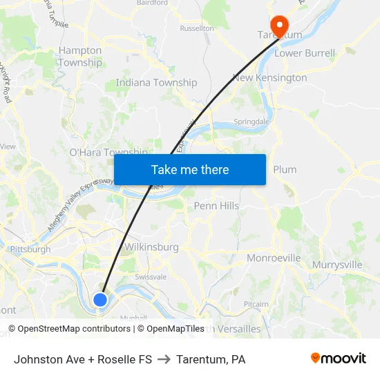 Johnston Ave + Roselle FS to Tarentum, PA map