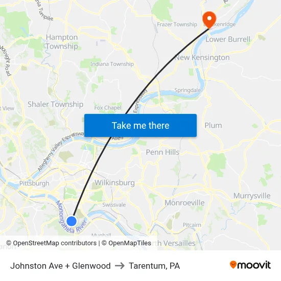 Johnston Ave + Glenwood to Tarentum, PA map