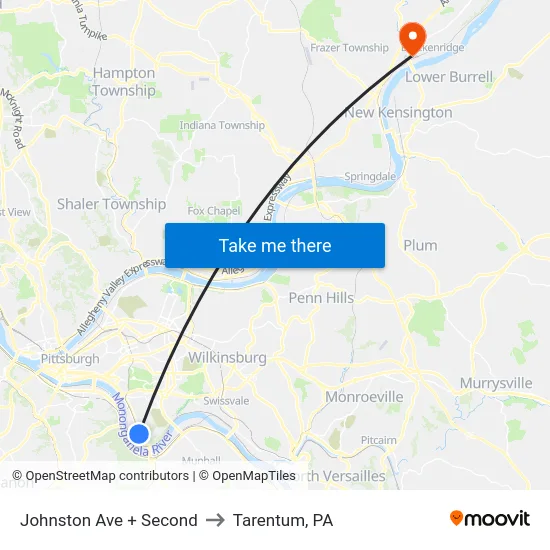 Johnston Ave + Second to Tarentum, PA map