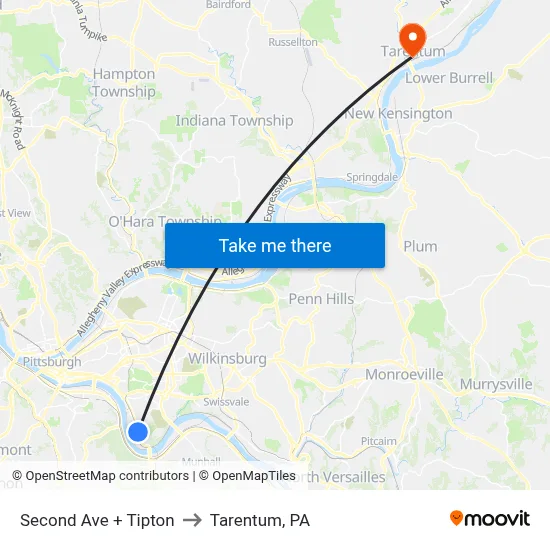 Second Ave + Tipton to Tarentum, PA map
