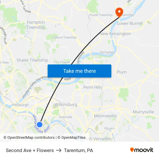 Second Ave + Flowers to Tarentum, PA map