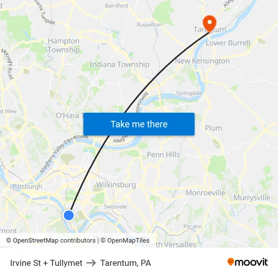 Irvine St + Tullymet to Tarentum, PA map