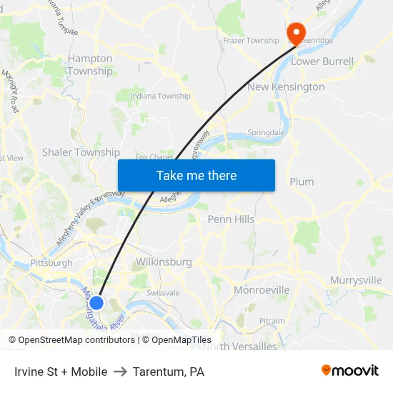 Irvine St + Mobile to Tarentum, PA map