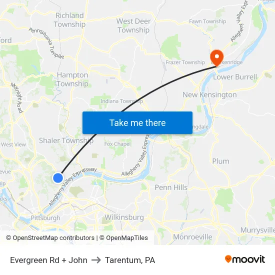 Evergreen Rd + John to Tarentum, PA map