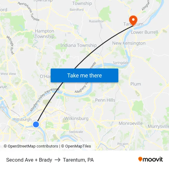 Second Ave + Brady to Tarentum, PA map