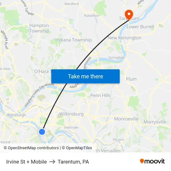 Irvine St + Mobile to Tarentum, PA map