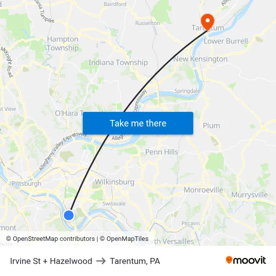 Irvine St + Hazelwood to Tarentum, PA map