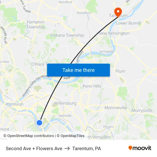 Second Ave + Flowers Ave to Tarentum, PA map