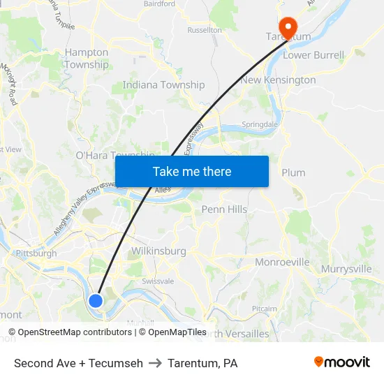 Second Ave + Tecumseh to Tarentum, PA map