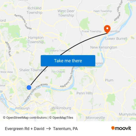 Evergreen Rd + David to Tarentum, PA map