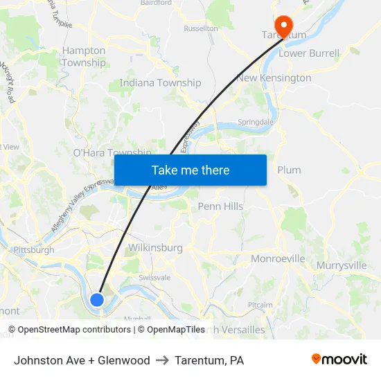 Johnston Ave + Glenwood to Tarentum, PA map