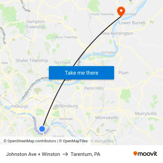Johnston Ave + Winston to Tarentum, PA map