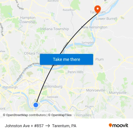 Johnston Ave + #857 to Tarentum, PA map