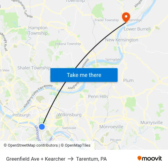 Greenfield Ave + Kearcher to Tarentum, PA map
