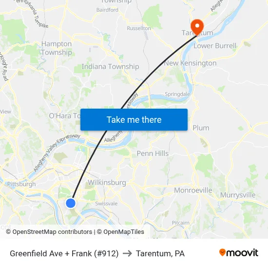 Greenfield Ave + Frank (#912) to Tarentum, PA map