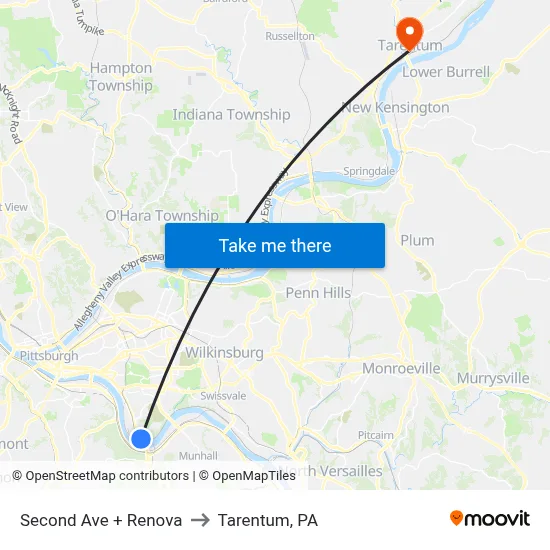Second Ave + Renova to Tarentum, PA map