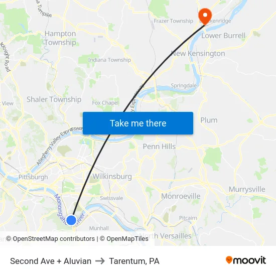 Second Ave + Aluvian to Tarentum, PA map