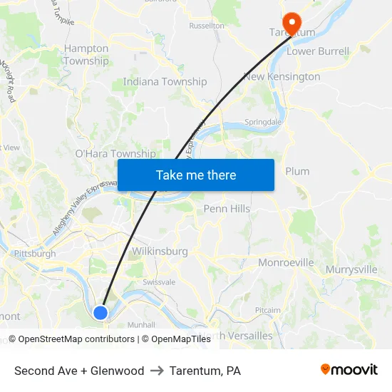 Second Ave + Glenwood to Tarentum, PA map